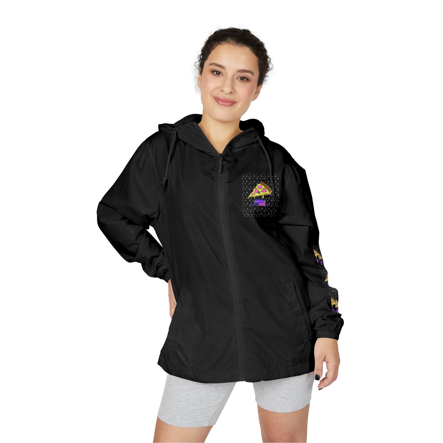 Eccentric Trendz Hooded Design Retro Pixel Pizza Windbreaker Jacket