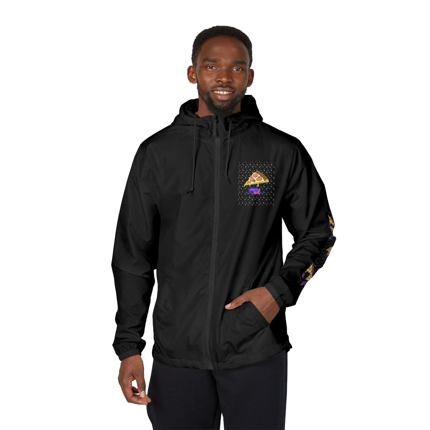 Eccentric Trendz Hooded Design Retro Pixel Pizza Windbreaker Jacket